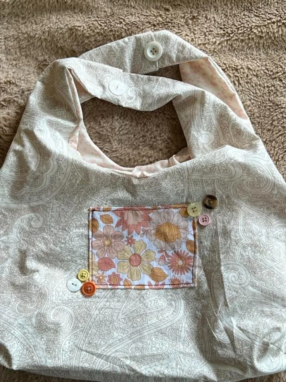 Handmade cream & white paisley print tote bag with floral pocket and button deta